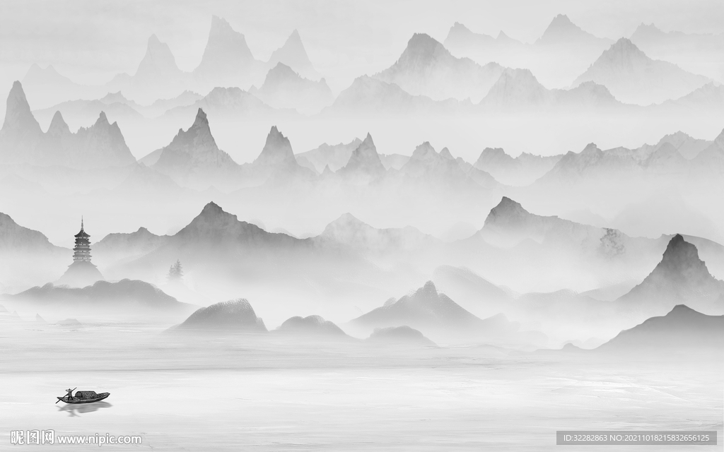 中式灰色山水图 TIF分层画