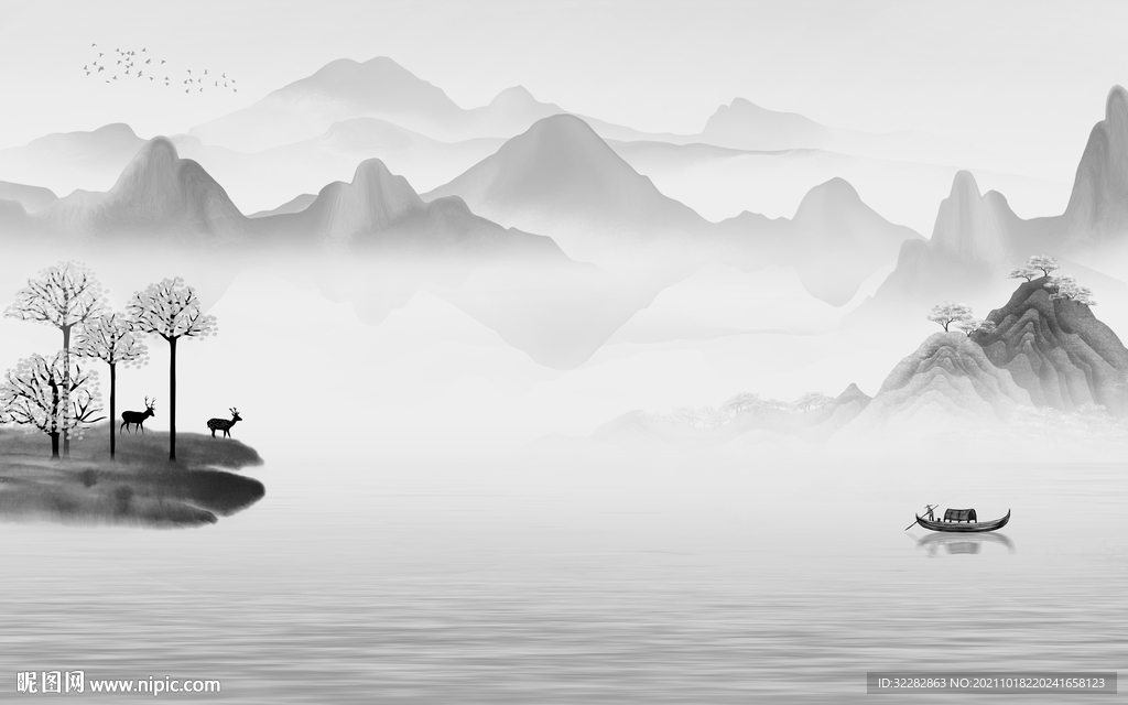 水墨 灰色山水图 TIF分层画