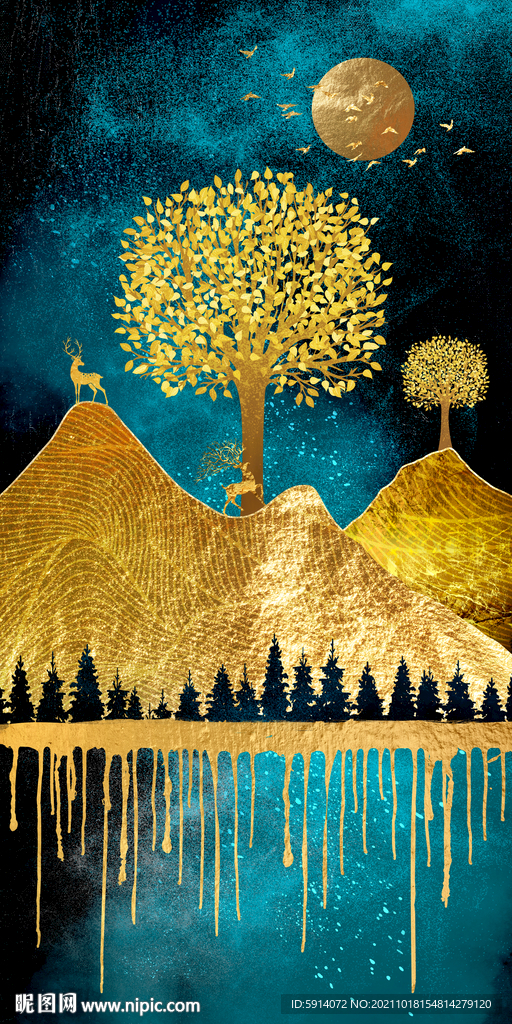 装饰画 金色山 树