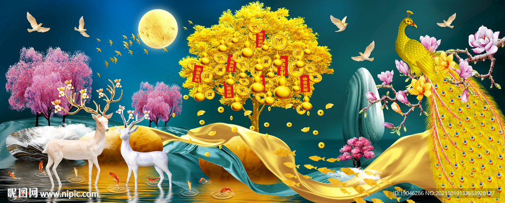 轻奢孔雀发财树麋鹿金色装饰画