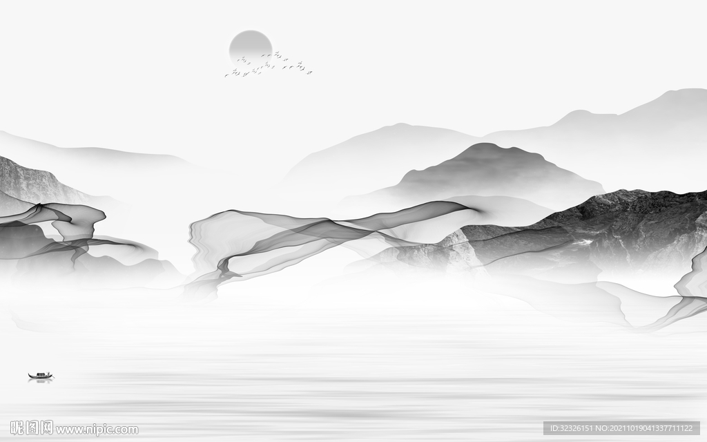 高清 灰色中式山水 tif分层