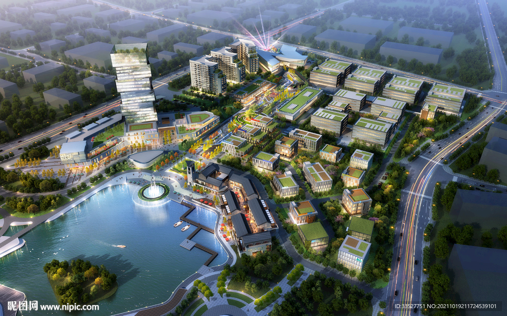 夜景鸟瞰规划效果图