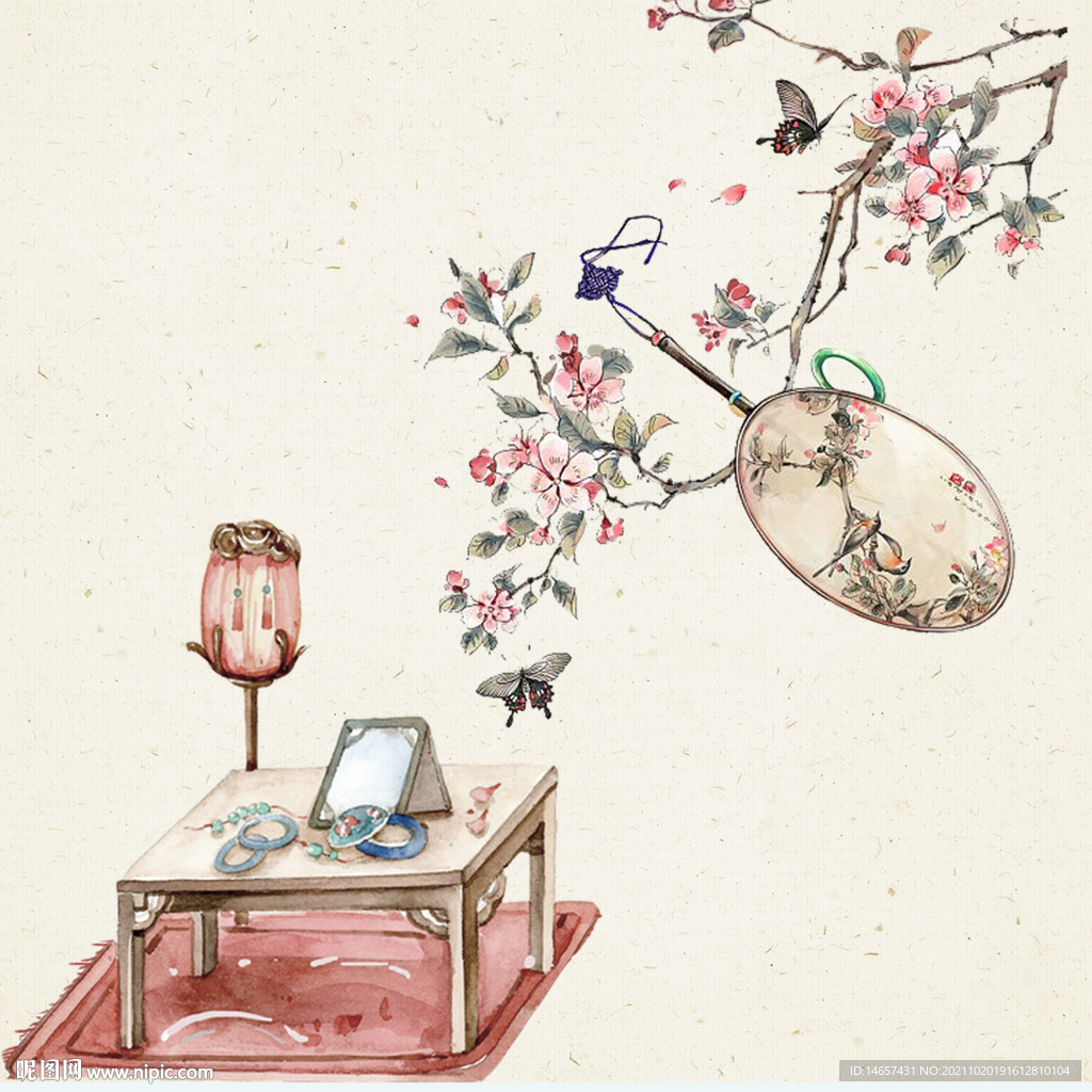 复古桃树 工笔画模板 镜子 