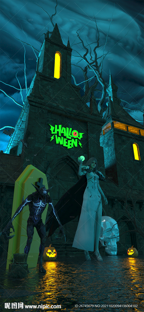 万圣节城堡女巫海报C4D源文件