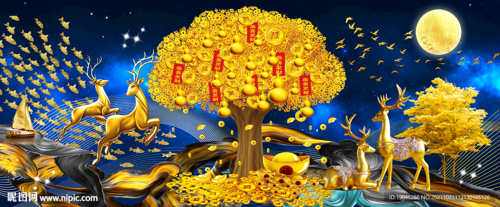 金色发财树麋鹿现代装饰画