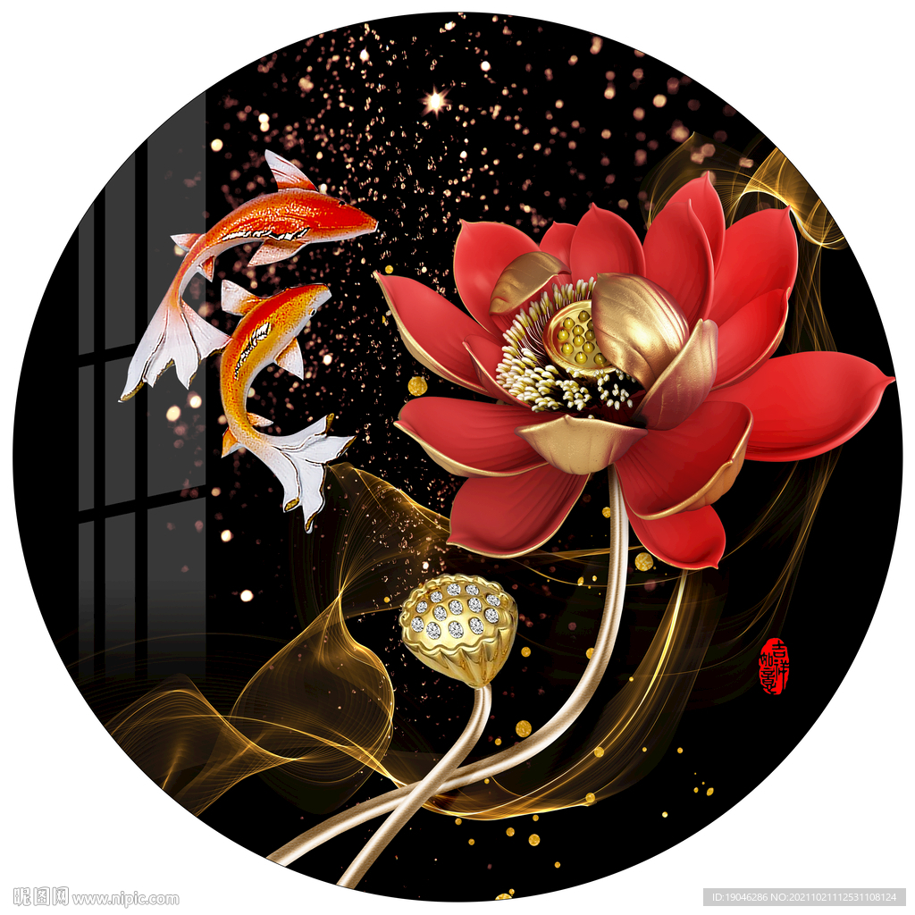 浮雕锦鲤荷花锦鲤圆形装饰画