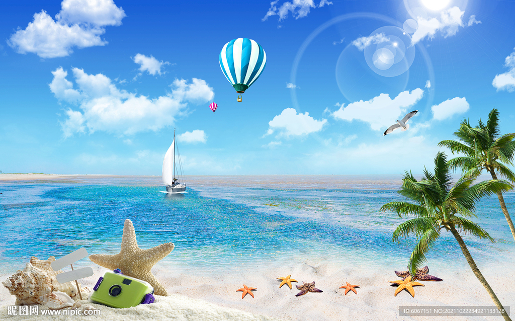 蓝天白云沙滩背景墙