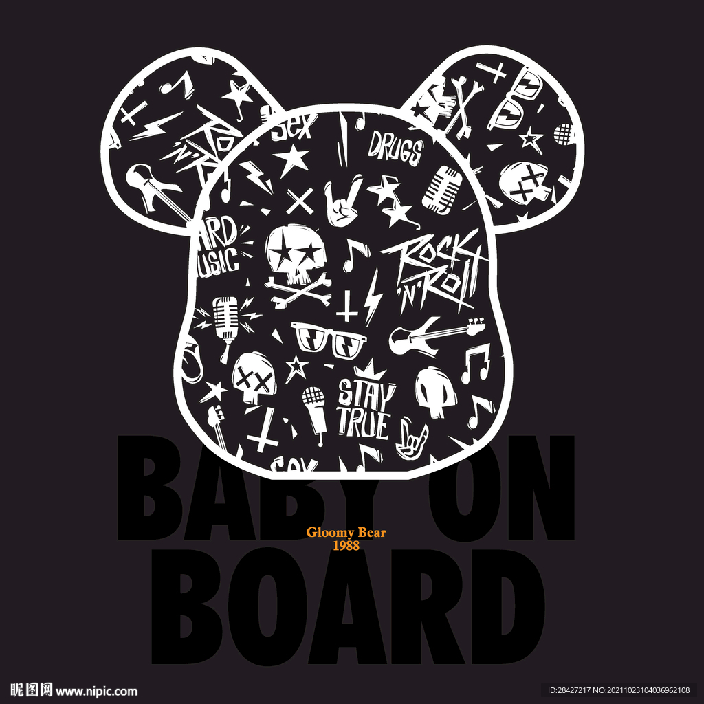 手绘涂鸦暴力熊潮牌印花图案