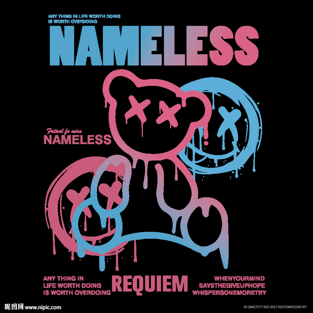 手绘涂鸦笑脸渐变熊潮牌印花图案