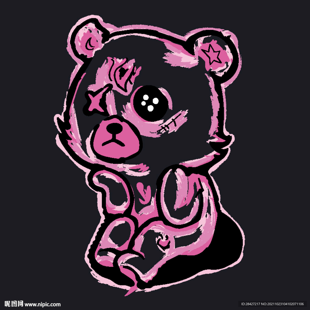 手绘涂鸦粉色熊潮牌印花图案