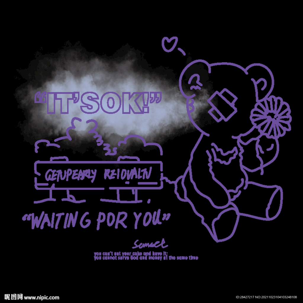 手绘涂鸦字母花朵熊潮牌印花图案