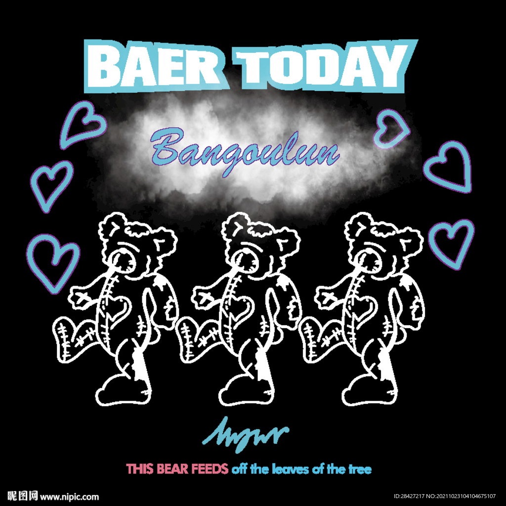 手绘涂鸦字母三只熊潮牌印花图案