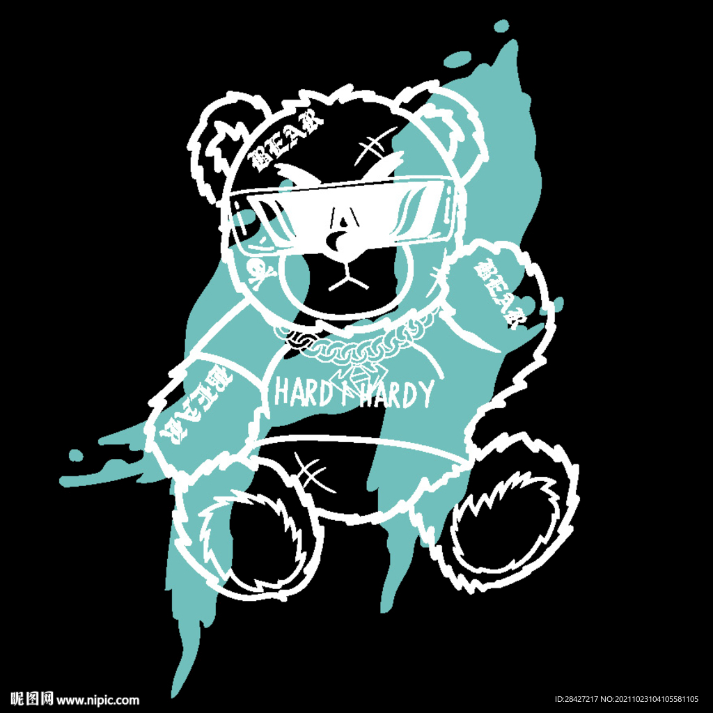 手绘涂鸦字母熊潮牌印花图案