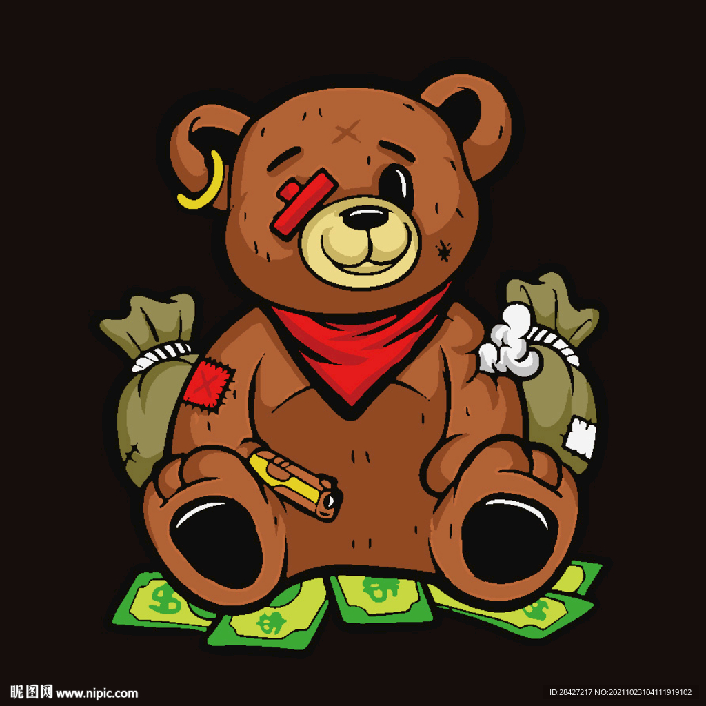 手绘涂鸦潮牌熊印花图案