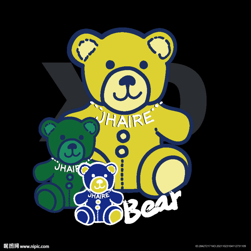 手绘涂鸦潮牌三色熊印花图案