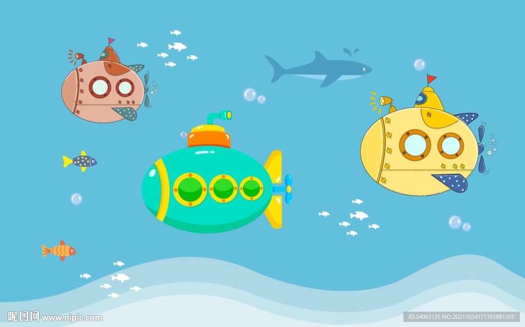 手绘卡通潜艇儿童房背景墙