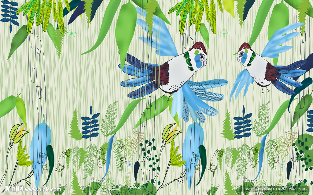手绘飞鸟绿叶背景墙