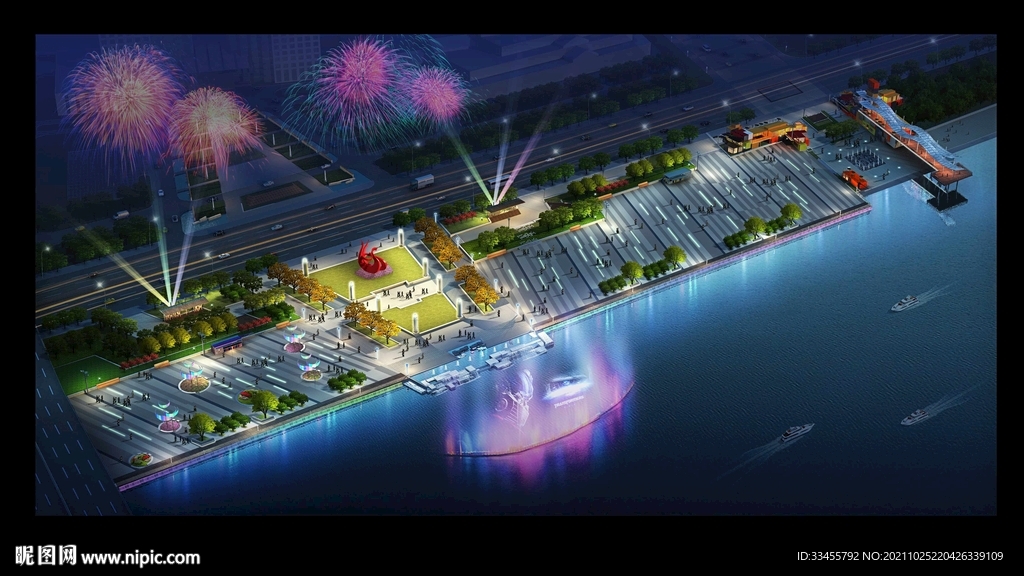 滨水公园广场夜景