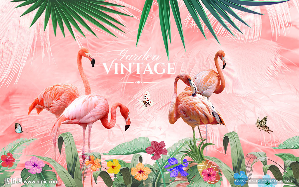 火烈鸟花卉背景墙