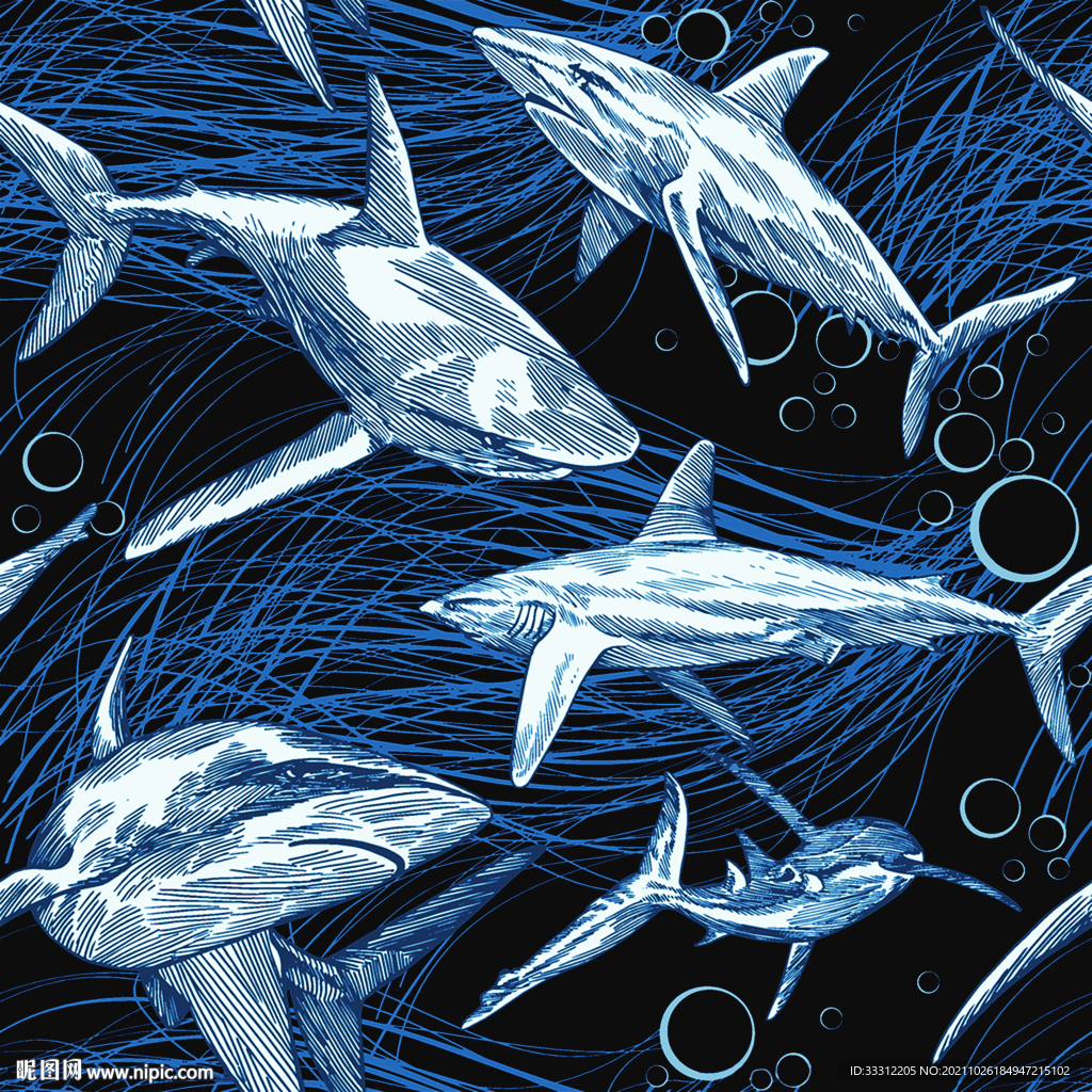 鲨鱼 卡通 海底  数码印花 