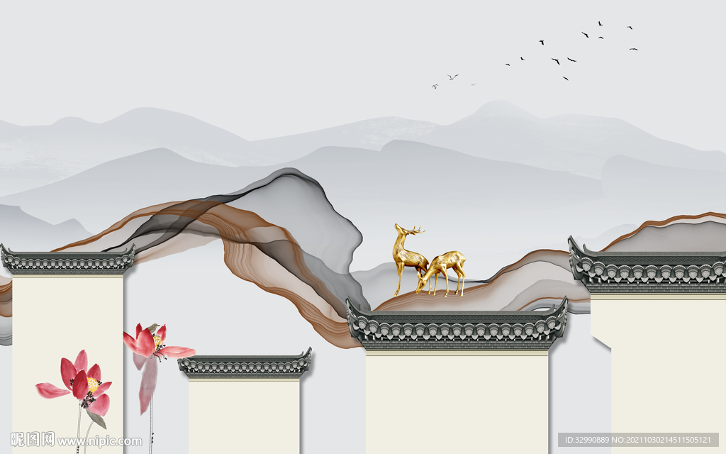 最新山水徽派墙画 TIF分层