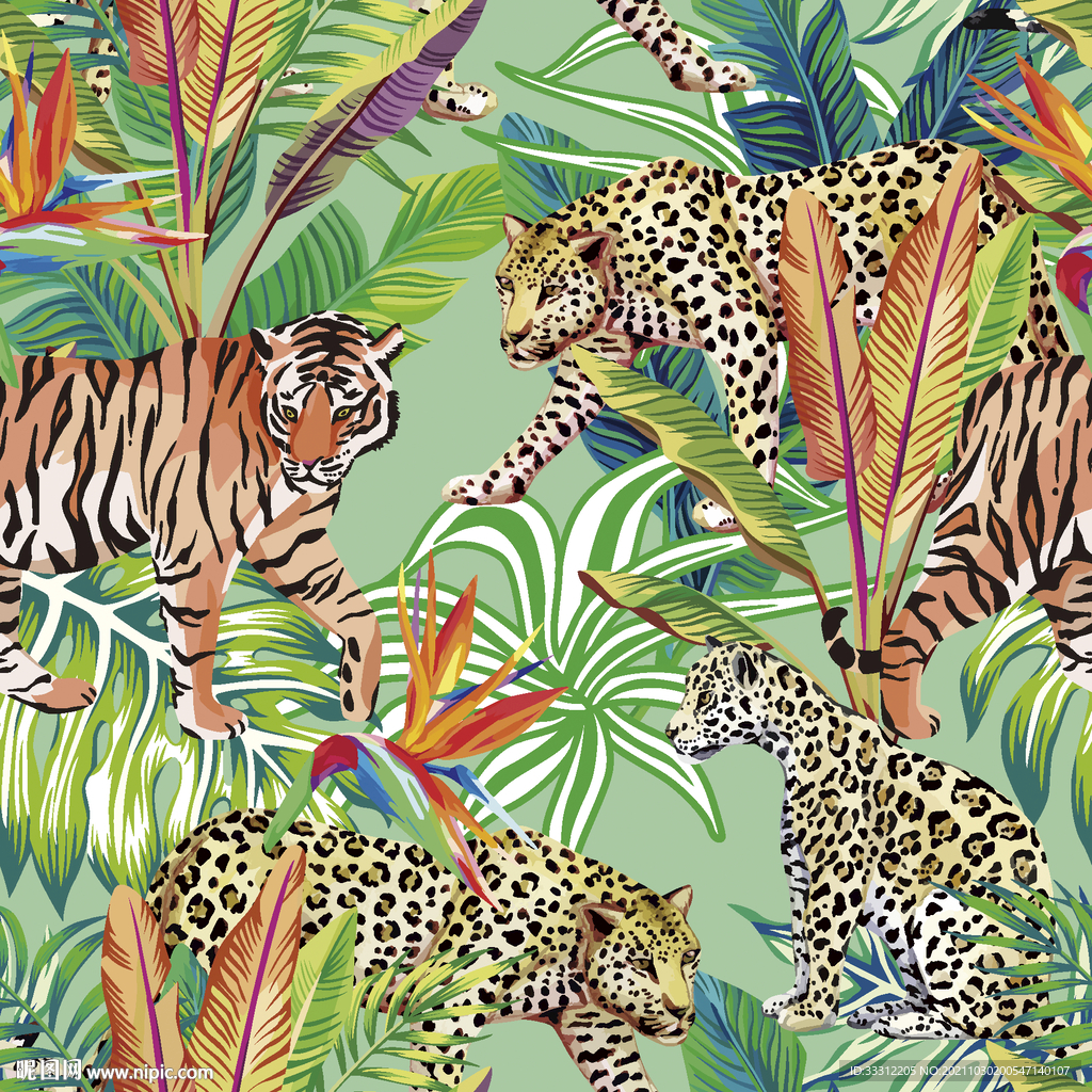 豹子 花丛 叶子 热带花 印花