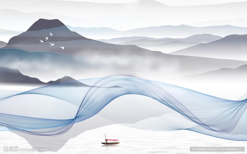 飘带新中式山水背景墙