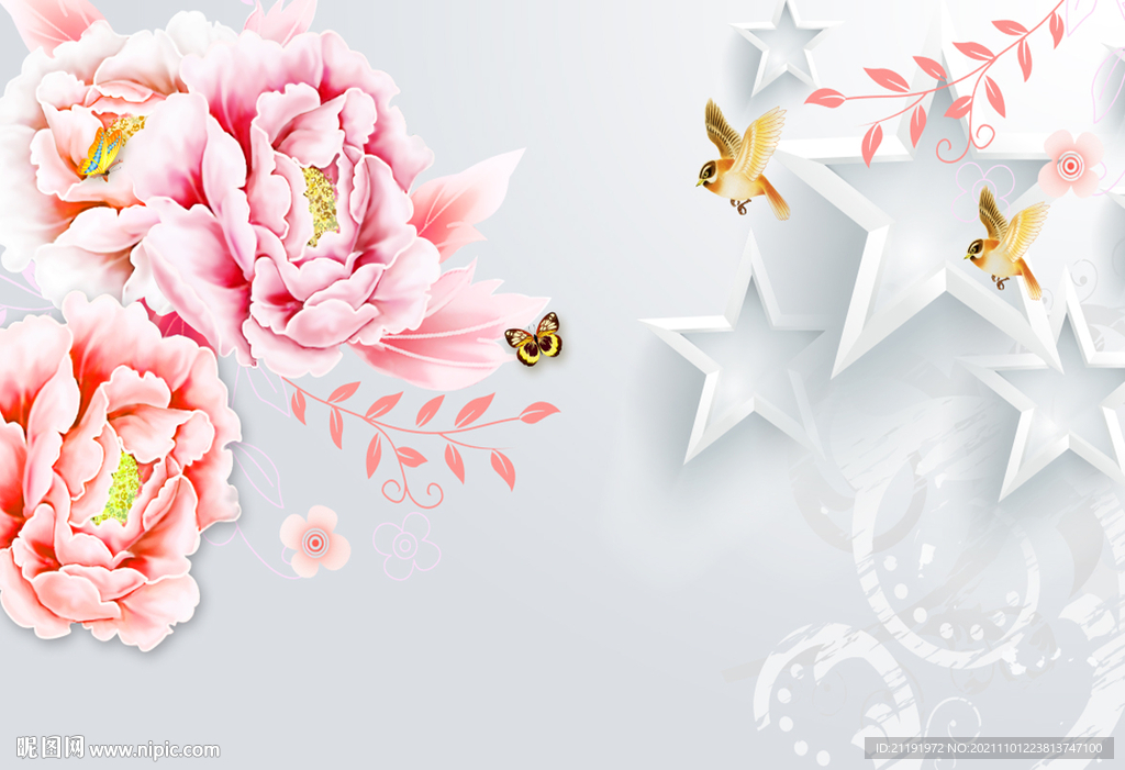 3d牡丹壁画背景墙