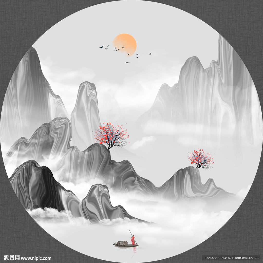 新中式抽象水墨山水圆形装饰画