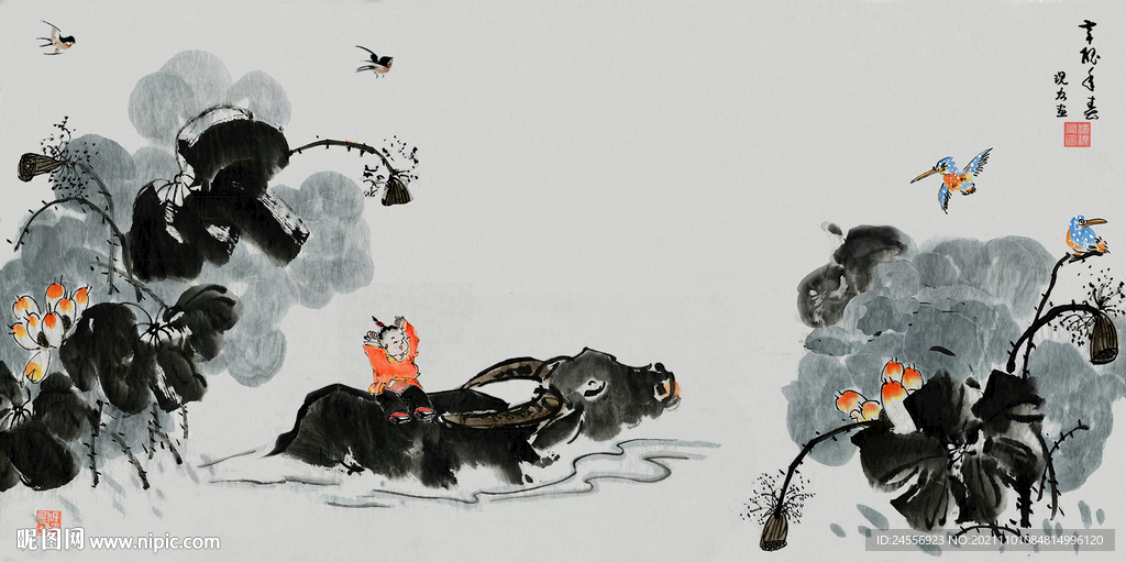 国画荷塘放牛娃