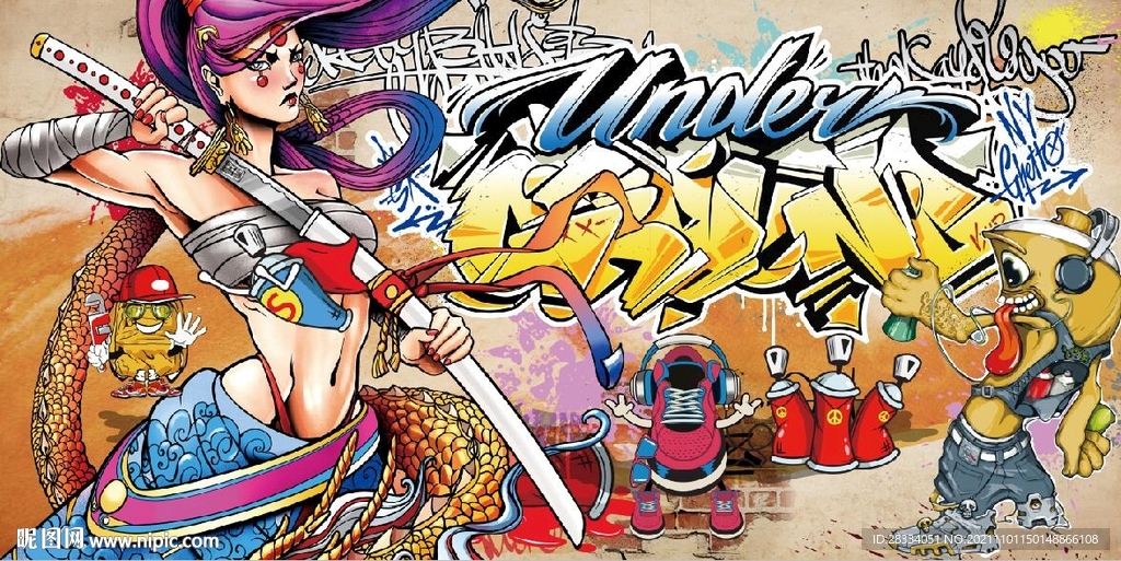 欧美风美女英文街头涂鸦背景墙