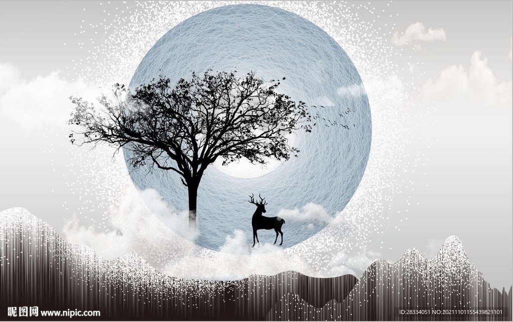 新中式抽象麋鹿山水背景墙