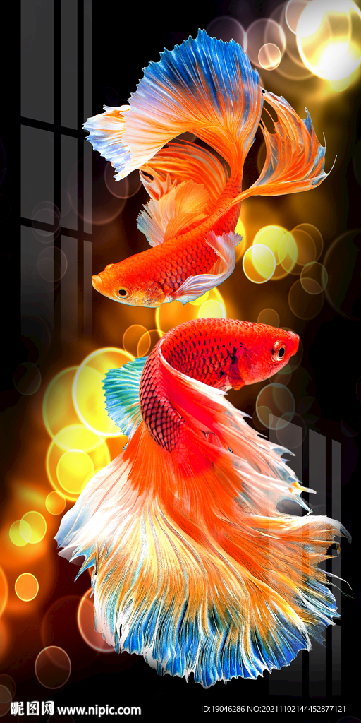 时尚轻奢斗鱼孔雀鱼玄关装饰画