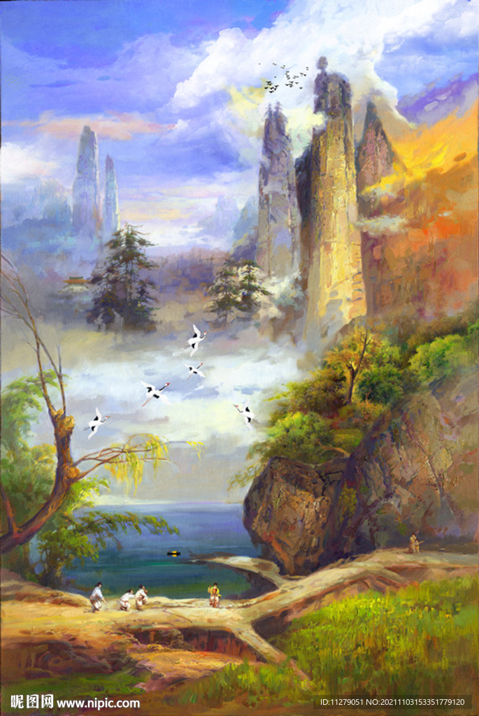 山水画风景画复古油画