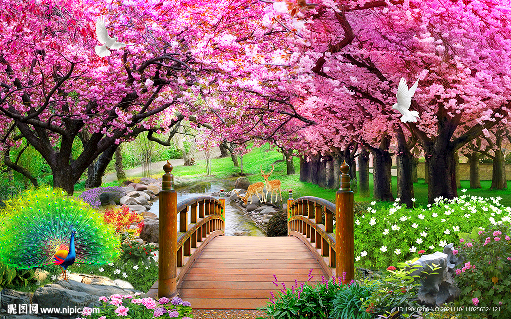 樱花树独木桥风景背景墙