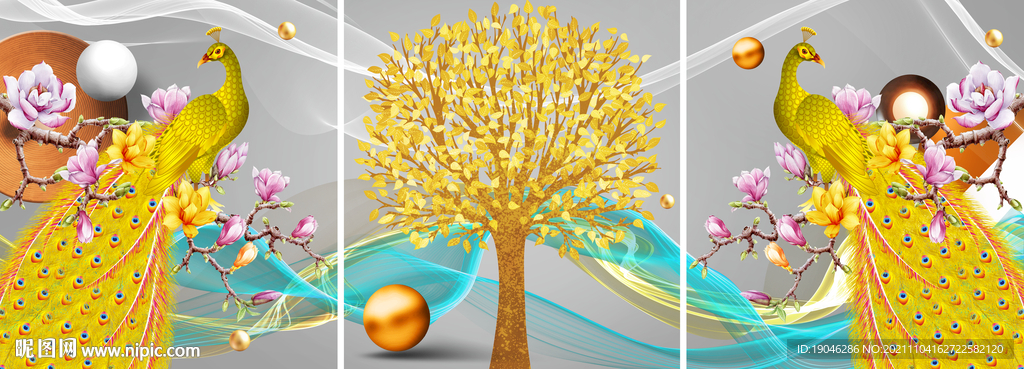 金色孔雀发财树轻奢三联画