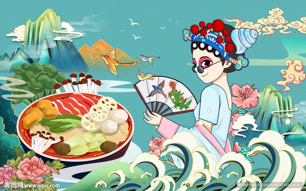 新款国潮美食背景画图片