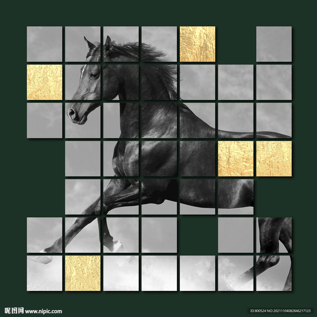 几何拼接金箔骏马装饰画