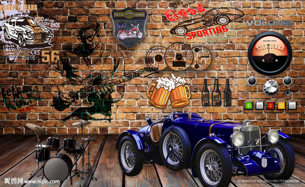复古老爷车餐饮酒吧背景墙