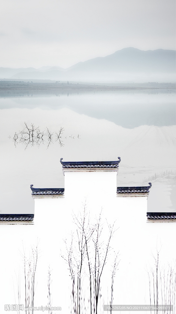 中国风徽式建筑山水风简约海报