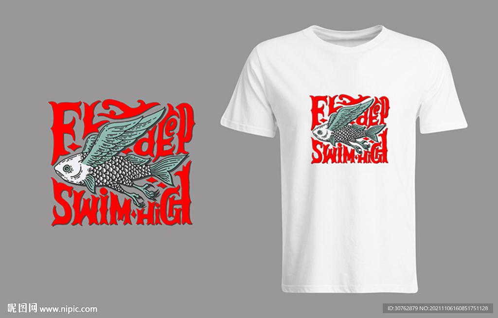 大牌印花T恤飞鱼剑鱼天使翅膀大