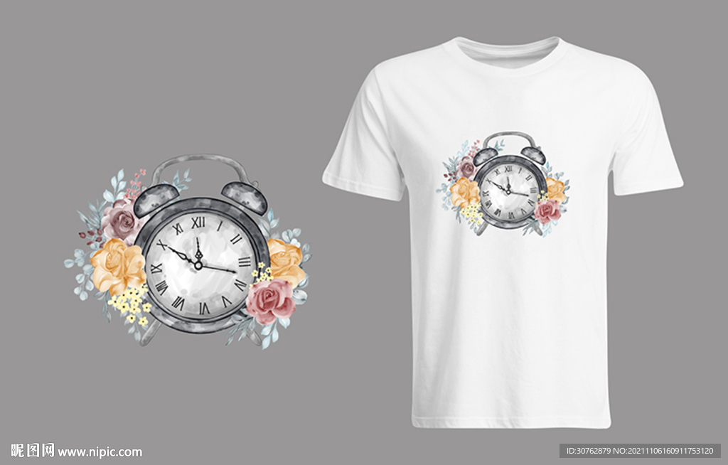 大牌印花T恤闹钟钟表女装印花