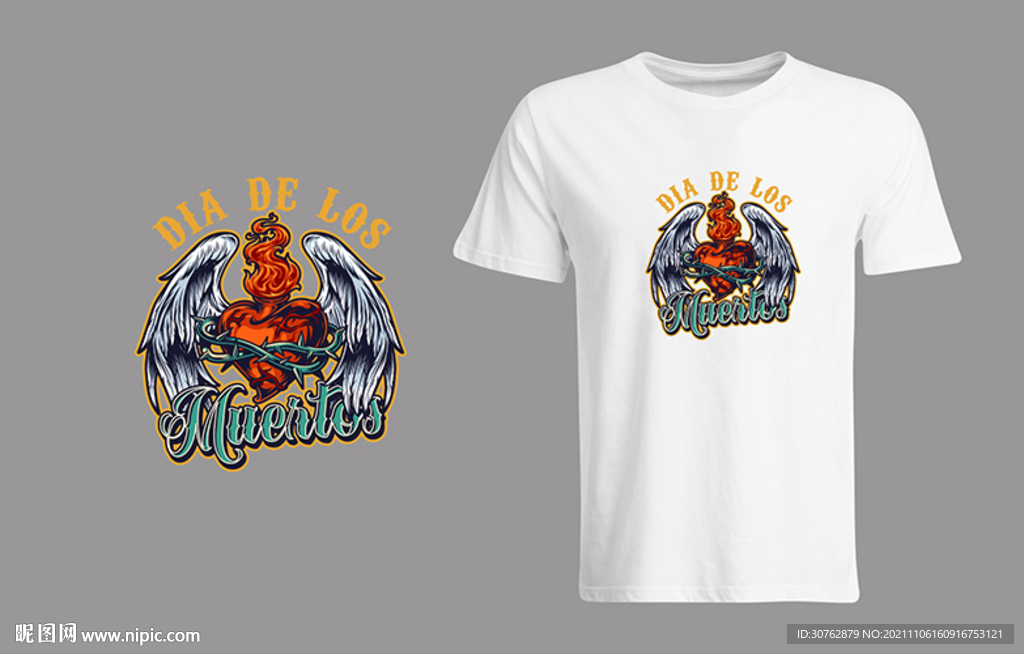 大牌印花T恤天使翅膀红心火焰荆