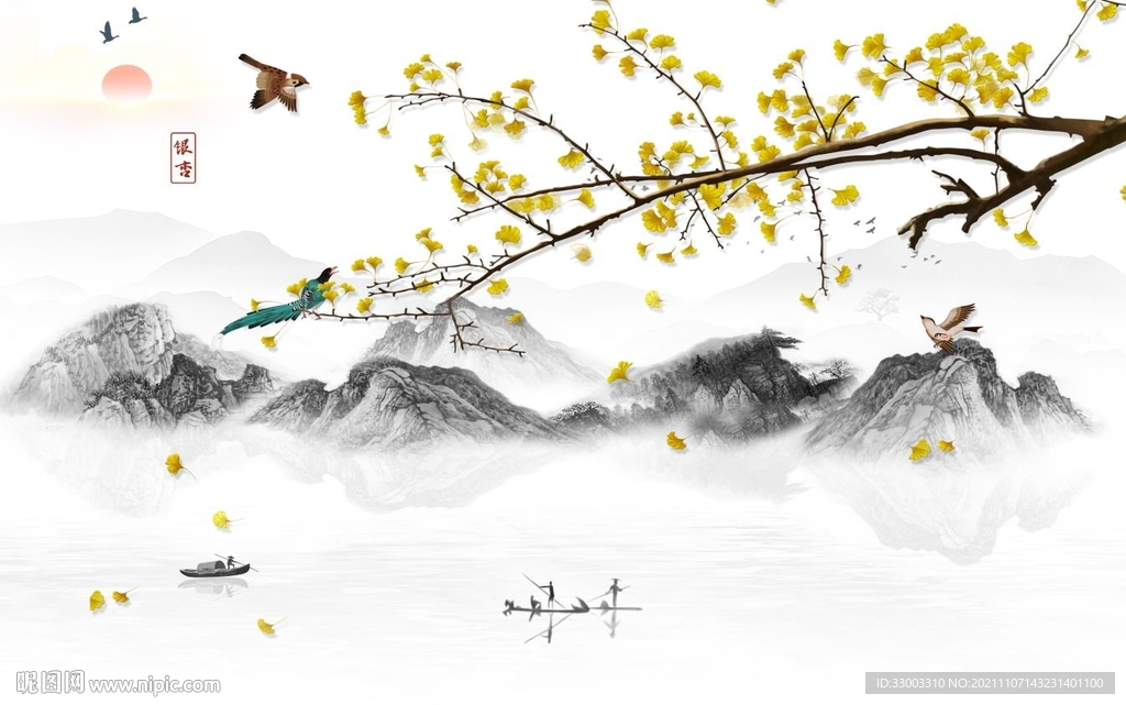 银杏新中式山水背景墙