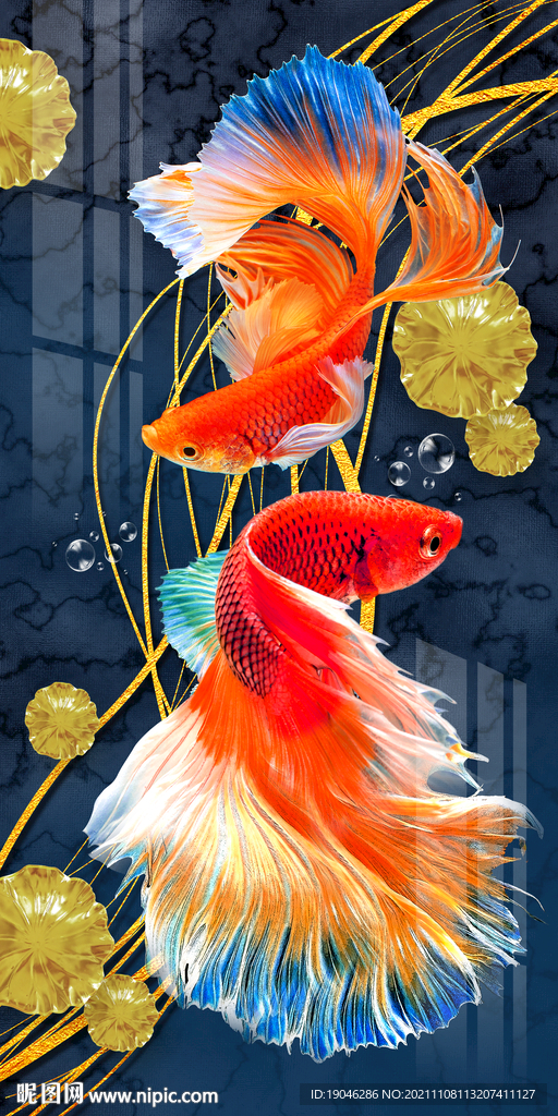 金时线条时尚轻奢斗鱼孔雀鱼玄关