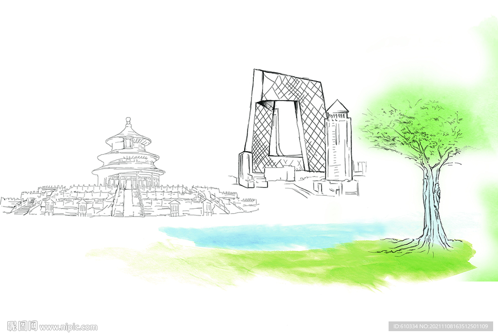 手绘大树电视台天坛素材