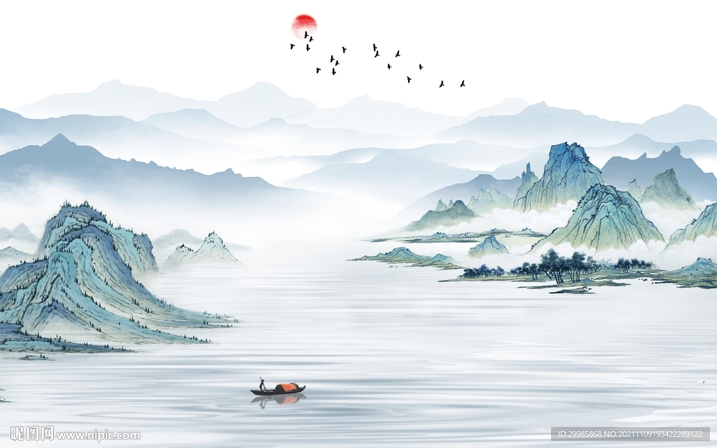 别墅山水意境墙画 TIF分层