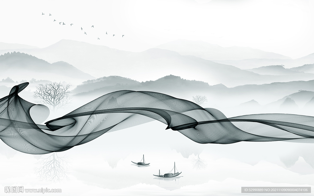 线条高清山水墙画 TIF分层