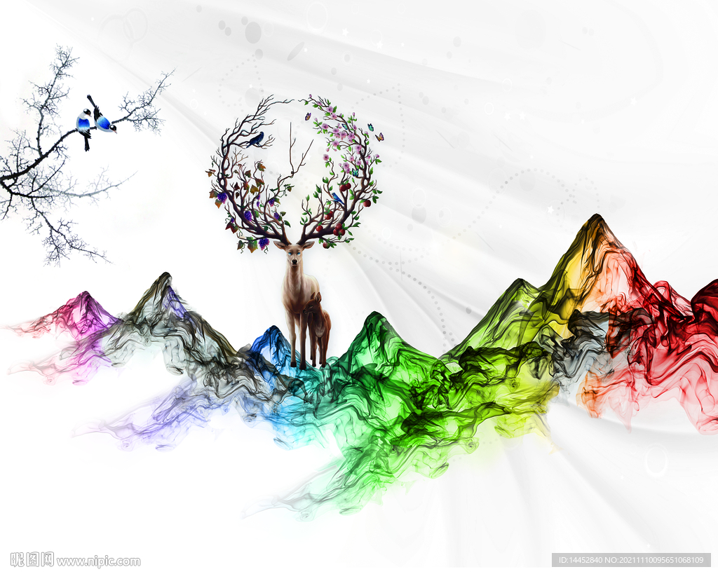 彩色 山脉  烟雾  鹿 花鸟
