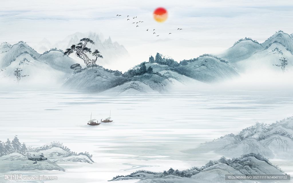 新中式简约山水墙画 TIF分层